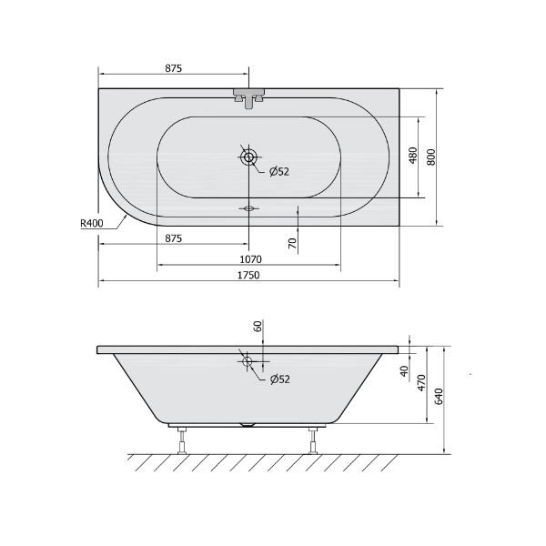 Viva asymmetrisk badekar 175x80x64 Venstre