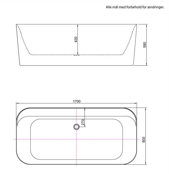 Drej 170 cm fritstende badekar - mat hvid - med krom armatur