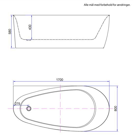 Sams 170 cm fritstende badekar - med krom armatur