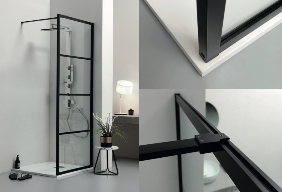 Walk In brusev�g - Sorte sprosser - klart glas - 5 st�rrelser - 100-140 cm