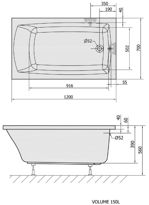 Balneo Lilly rektangulrt badekar, Lille model, flere strrelser