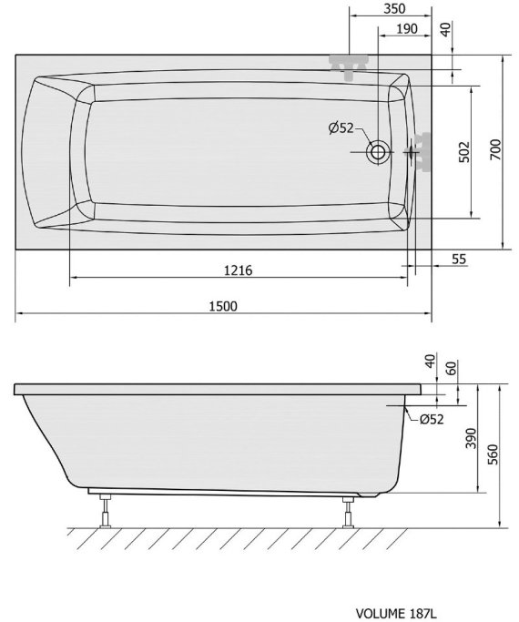 Balneo Lilly rektangulrt badekar, Lille model, flere strrelser