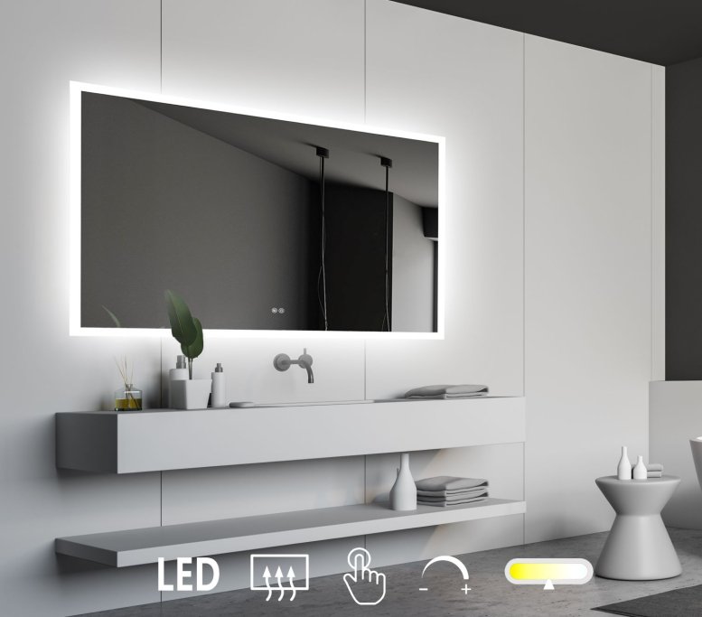 NY Mie 4 Spejl med LED lys, antidamp, farveskift, dmpning - flere strrelser
