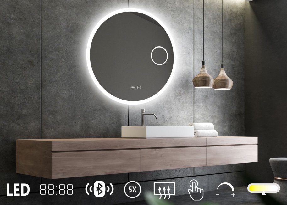 NY Sandra 7 Spejl med LED lys - kosmetikspejl - antidamp - bluetooth - farveskift - ur