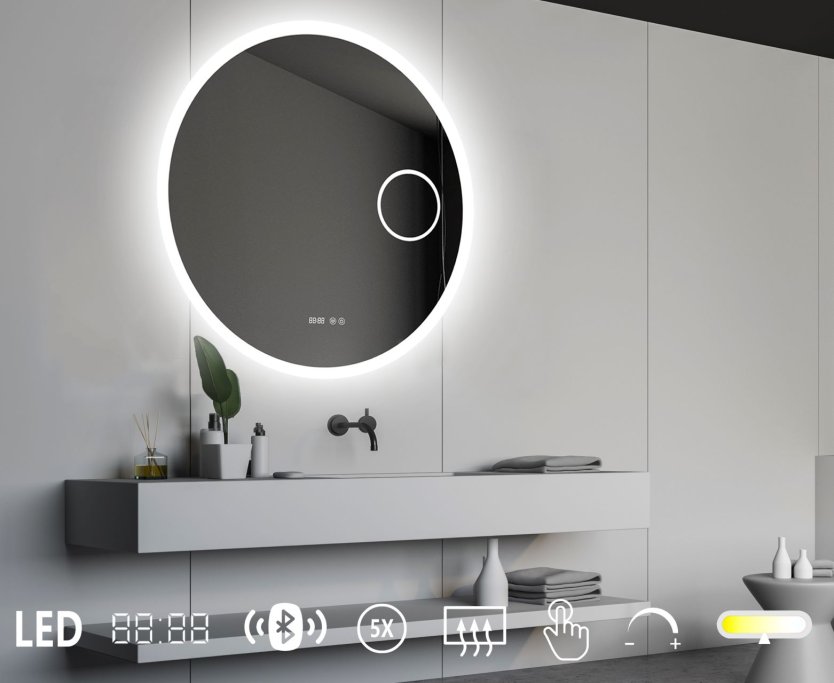 NY Sandra 7 Spejl med LED lys - kosmetikspejl - antidamp - bluetooth - farveskift - ur