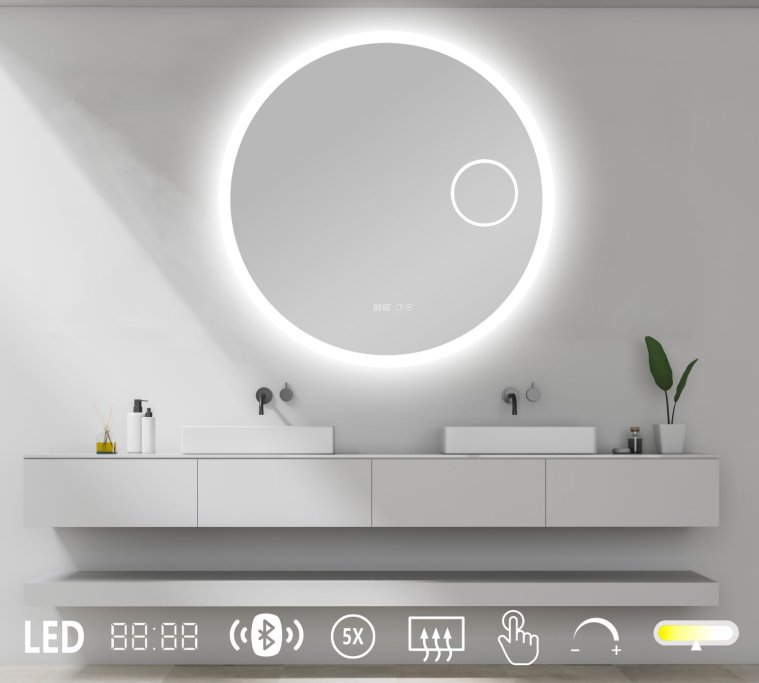 NY Sandra 7 Spejl med LED lys - kosmetikspejl - antidamp - bluetooth - farveskift - ur