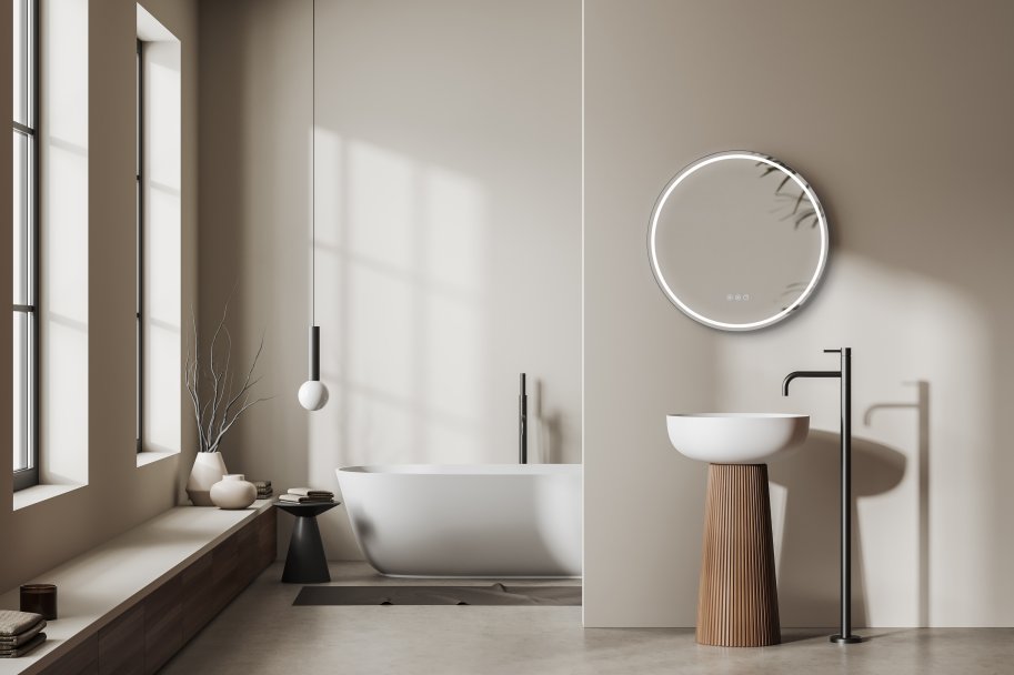 Santiago 3 Rundt Spejl med Sort Ramme - LED frontlight, dmpning, farveskift og varme - 2 strrelser