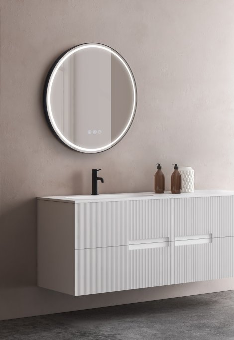 Santiago 3 Rundt Spejl med Sort Ramme - LED frontlight, dmpning, farveskift og varme - 2 strrelser
