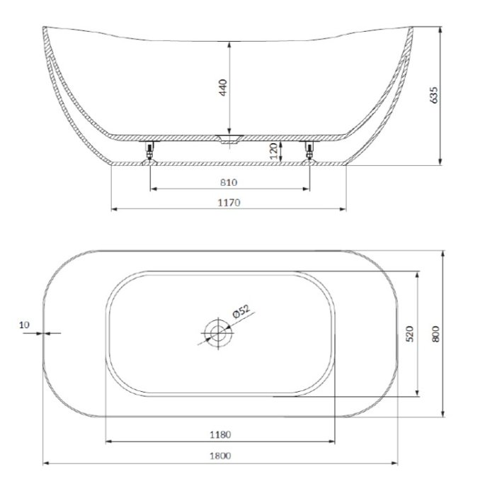 Sofia  Fritstende badekar - 180x80 cm