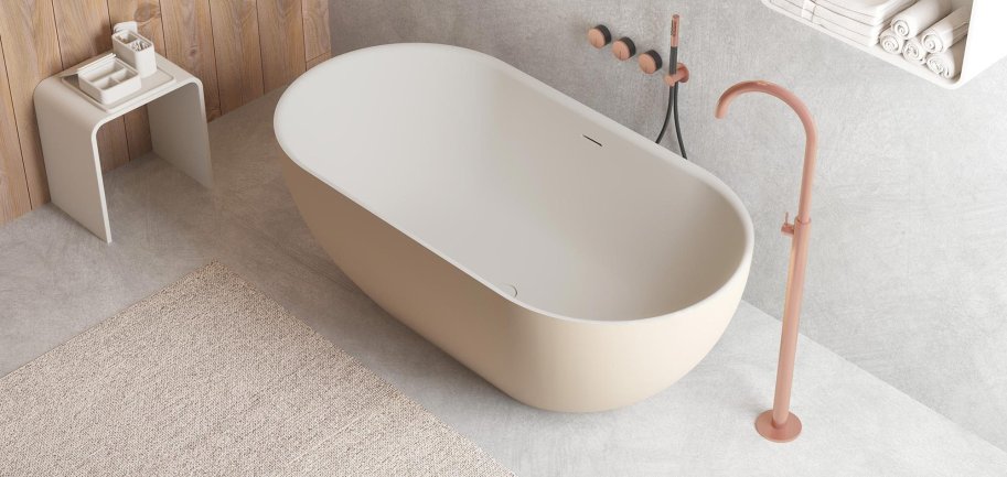 Dera 150 cm fritstende badekar - Gr/Mat Hvid - Solid Surface