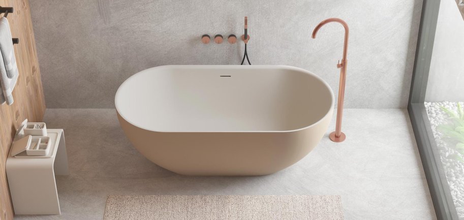 Dera 150 cm fritstende badekar - Gr/Mat Hvid - Solid Surface