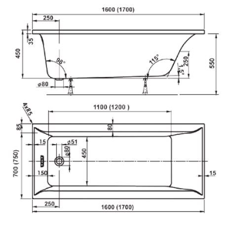 Balneo Verona rektangulrt badekar, flere strrelser