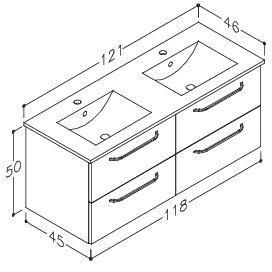 Limone 121 cm - med  4 skuffer og dobbeltvask - 3 varianter