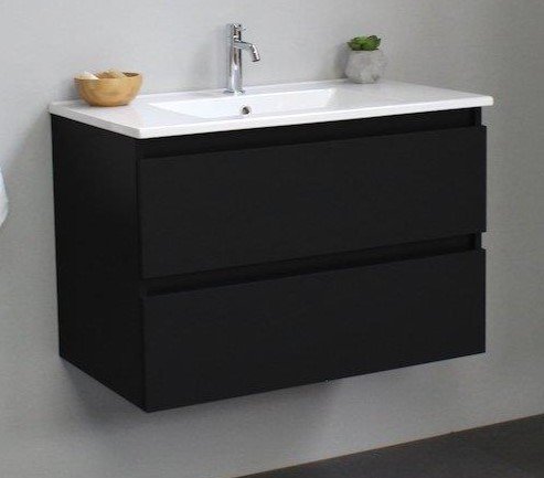 Online 80 cm - Badmbel pakke - Inkl. porceln vask - Mat Sort - USAMLET