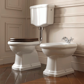 Retro LOW gulvtoilet m. cisterne - Hvid m. messing rr - S-ls eller P-ls