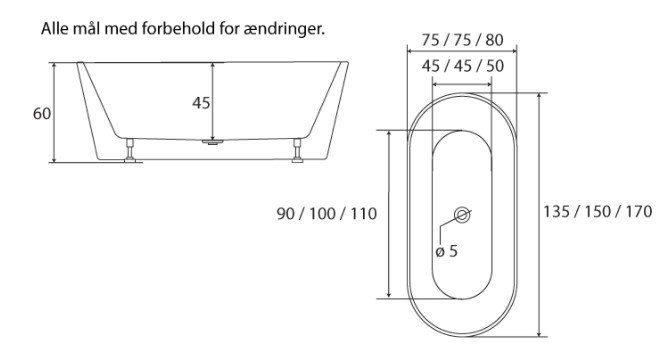 Ven fritstende badekar - 135, 150 eller 170 cm