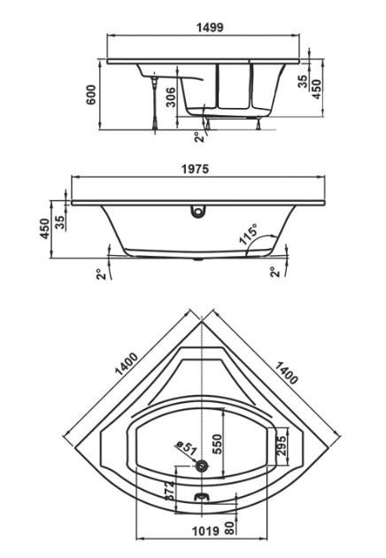 Balneo Verona 140x140 cm hjrnebadekar - Med messing af/overlb