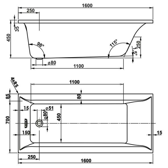 Balneo Verona 160 x 70 cm system PN3 - Indespa