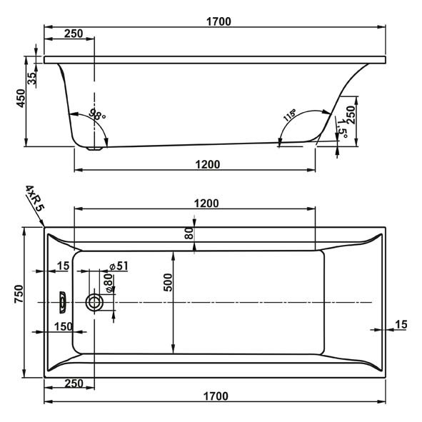 Balneo Verona 170 x 75 cm system PN1 - Indespa