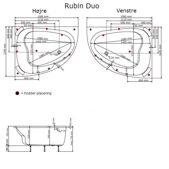 Rubin Duo 158,5 x 124,5 cm badekar - 54 cm Dyb