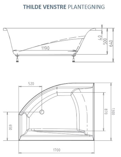 Thilde Venstre 170x130 cm asymmetrisk spabad