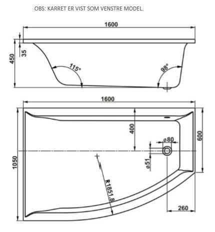 Vigga H�jre 160x105 cm asymmetrisk spabad
